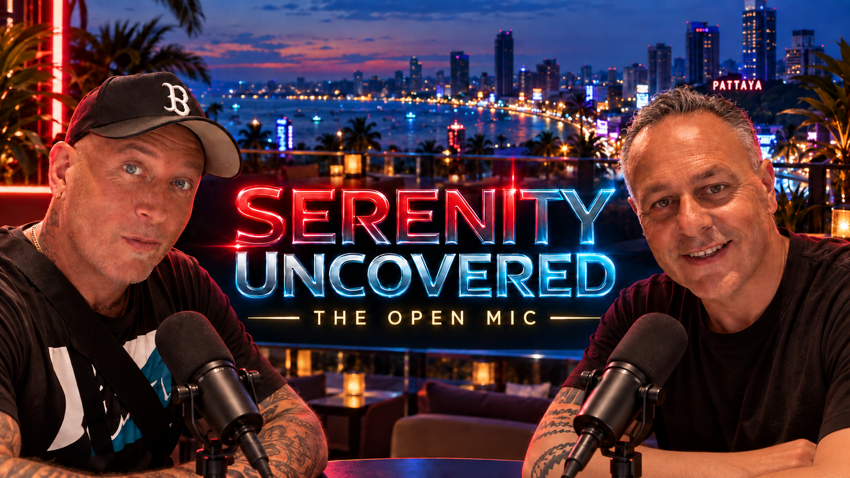 Federico and Robby with the official Serenity Uncovered — The Open Mic banner overlooking Pattaya